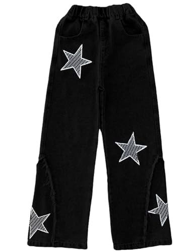 Girls Jeans Elastic Waist Wide Leg Denim Pants Pentagram Printed Casual Washed Baggy Trousers2