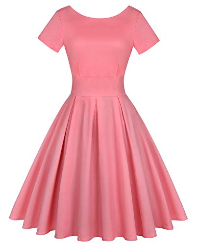 MINTLIMIT 1950S Dresses for Women Elegant Cocktail Short Sleeve Midi Dress Round Neck Dress,Pink,M