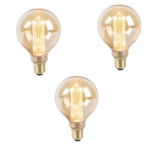 Image of Pack of 3 Edison Ball Filament Bulb E27 ES Screw Fitting, 40W Large G95 Retro Squirrel Cage Dimmable Retro Bulb, Vintage Decorative Light with Amber Glass
