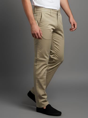 Image of LIVE IN Mens Tan Cotton Blend Slim Fit Casual Solid Trousers