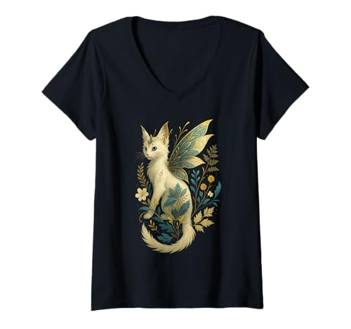 Mujer Fantasía gato hada con alas florales arte felino mágico Camiseta Cuello V