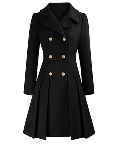 Image of Sexyshine Women's Double Breasted Trench Coat Notch Lapel A-Line Slim Flared Pleated Wool Blend Pea Coat with Pockets
