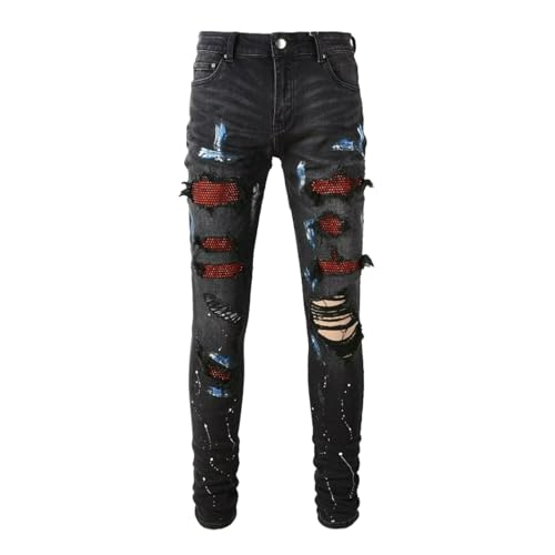 Jeans Pants Trousers Denim Men Black Street Trendy Stretch Tight Slim Fit Piercing Spray Paint Spots with Zircon Sequin Patches Personalized Casual(Black,33)
