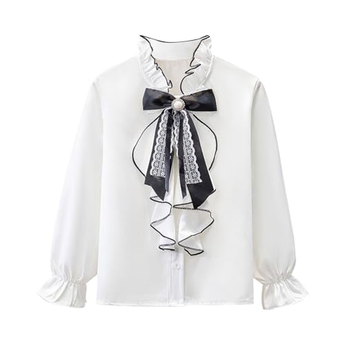 Girls Bowknot Neck Button Down Shirt Pearl Decor Ruffle Long Sleeve Lapel Collar Blouse School Uniform Tops for 3-13 Years