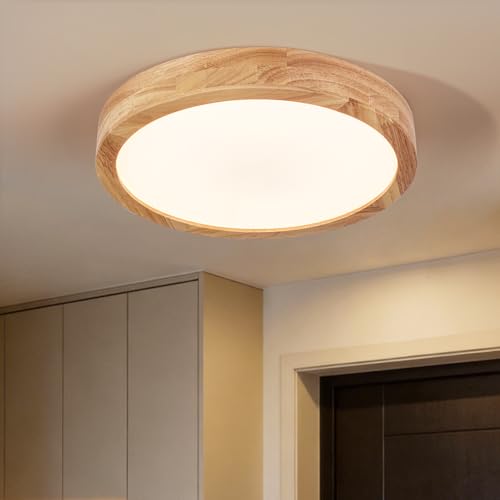 Image of 11.8 Inch Wood LED Flush Mount Ceiling Light 3000K | Modern Style, Acrylic Lampshade, Not Dimmable, Ceiling Light Fixture for Bedroom Kitchen Hallway Living Room