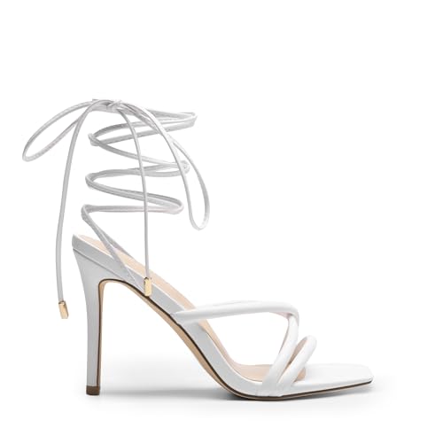 DREAM PAIRS Heels for Women Strappy High Stiletto Lace Up Heeled Sandals Square Open Toe Heels for Prom Party Dating,Size 9.5,White-Pu,SDHS2478W