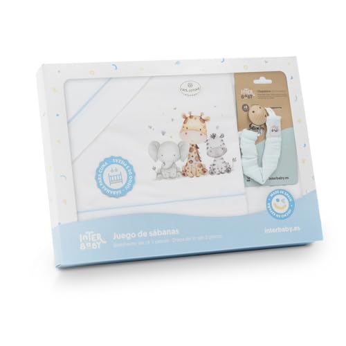 Danielstore Juego De Sábanas Cuna 60x120 Cm 100 Algodón Ropa De Cama Bebé Con Bajera Ajustable, Encimera Y Funda De Almohada Sábanas Suaves Y Transpirables Jirafa Elefante Azul