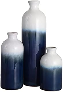TERESA'S COLLECTIONS Blue White Vase for Flowers, Set of 3 Modern Ceramic Vase for Pampas Grass, Reactive Glazed Stoneware Decorative Vases for Kitchen, Living Room, Bedroom Mantel, 14.7/20/30cm Tall