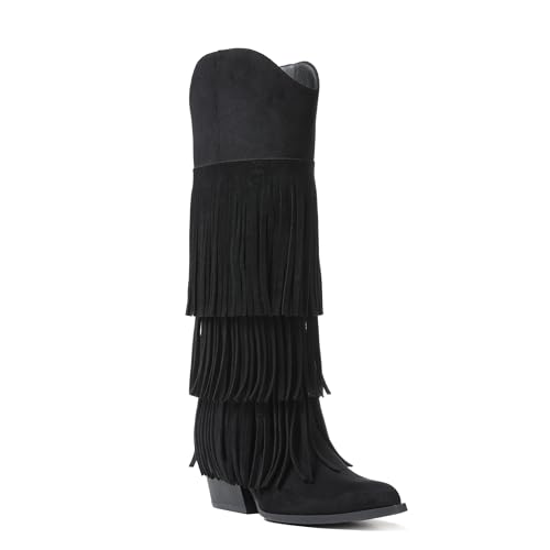 Image of Cowgirl Boots for Women Retro Pointed Toe Pull On Block Chunky Heel Embroide Tassel Country Concert Outfits Mid Calf Western Fringe Cowboy Boots