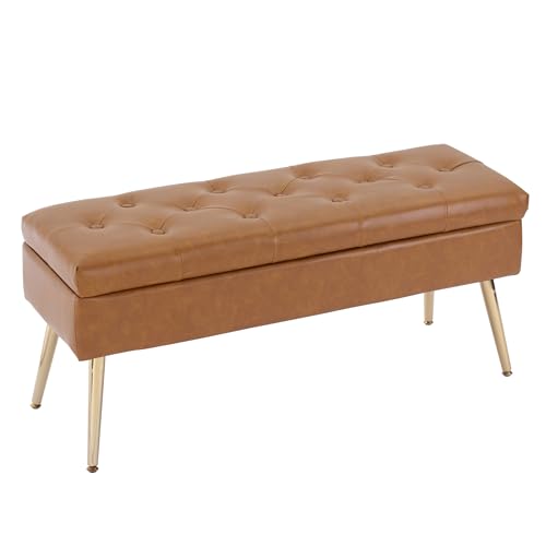 SNOWDROP Upholstered Storage Bench – 40' Modern Faux Leather Ottoman for Entryway or Bedroom, End of Bed Bench with Golden Metal Legs, Leathers Accent Seating Furniture