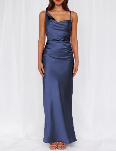 Image of Formal Satin Silk Spaghetti Strap Maxi Dresses for Women Wedding Guest