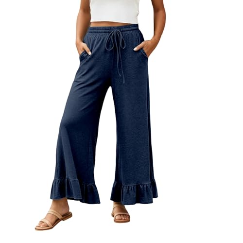 Pantalones de verano para mujer, pantalones de verano con dobladillo de volantes, longitud 7/8, pierna ancha, diseño de patchwork, pantalones ligeros para el tiempo libre, pantalones de tela anchos
