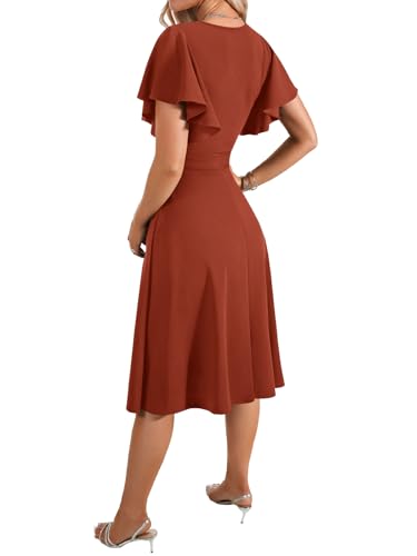 Image of LYANER Women's Warp V Neck Ruffle Short Sleeve A Line Swing Flared Cocktail Party Midi Dress