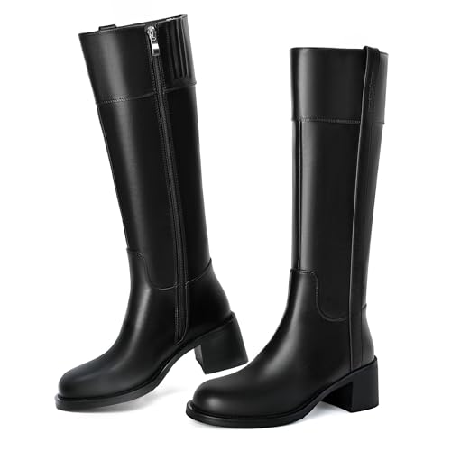 Reitoye Knee High Black Boots Women Round Toe Chunky Block Heeled Boots Side Zipper Tall Gogo Boots Shoes Size 7