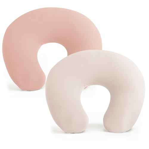 Image of Konssy 2 Pack Nursing Pillow Covers, Stretchy and Soft Nursing Cover for Breastfeeding Pillows, Pillow Slipcover for Baby Girls Boys Newborn (Beige, Pink)
