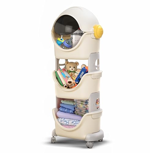 Image of BAYBEE Plastic Astro Storage Organizer Wardrobe for Clothes, Korner Baby Bookshelf with Detachable 3 Level Storage Box, Wheel Locking Mechanism, Kids Toys Storage Organiser for Babies, White