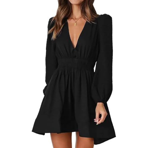 AOWVUTS Vestito Donna Manica Lunga Mini Abito Elegante Scollo a