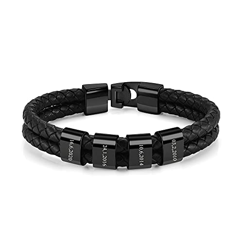 Memolome Personalized Black Braid Leather Custom 2-4 Names Engraved Bracelet Customized Id Bracelet For Women Men Dad Boyfriend Lover Best Friend Father’s Day Anniversary Christmas Gift #TOP4
