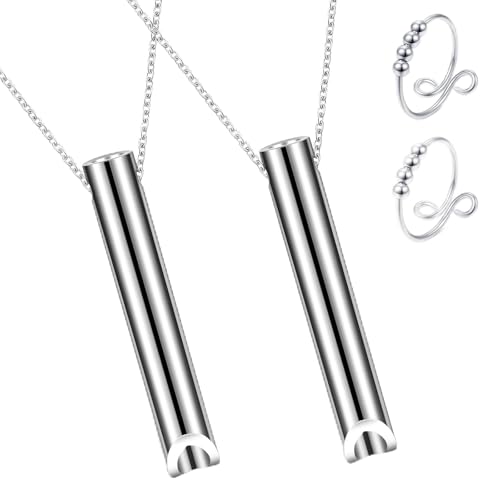 4 Pcs Breathing Necklace Set, 2 Stainless Steel Mindful Necklace & 2 Stress Relief Rings, Breathing Practice Device for Relax/Calm/Anxiety Relief/Meditation, Positive Gift for Men Women (Silver)