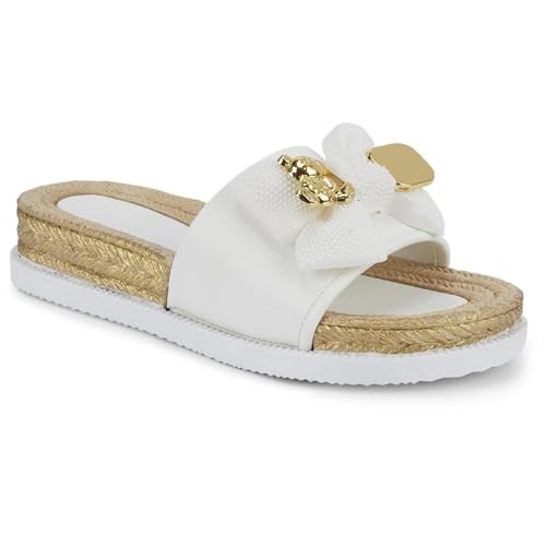 sole london Womens Ladies Mid Wedge Flatform Espadrilles Mules Sandals Shoe Size Bow Sandals_ WHITE 5