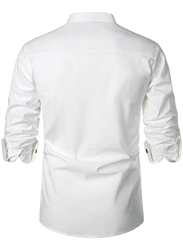 Fanarcher Men's Casual Henley Shirt Cotton Linen Long Sleeved Tops With Button White #TOP2