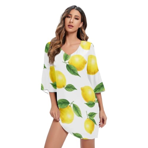 Robe de plage blanche à citrons jaune vif et manches longues fluide pour femmes
