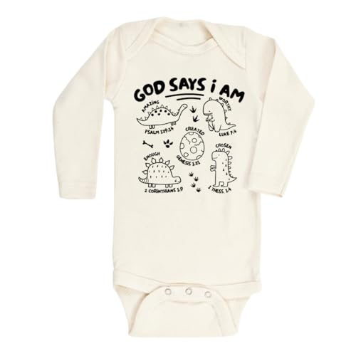 Image of MangoHouse Cute Baby Bodysuit God Says I am Dinosaurs Shirt Premium Custom Baby Clothes Unisex Baby Announcement Gift for Mom Newborn Outfit (Long Sleeve Natural, 12m)