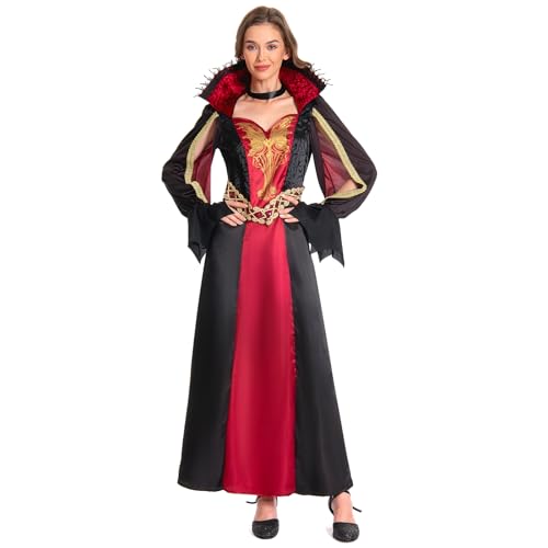 Midnight Adult Vampire Halloween Costumes for Women with Cloak Collar Scary Costume Set Female Majesty Vampiress Costume Outfit Queen Lace Sleeves Dress Up Party Cosplay