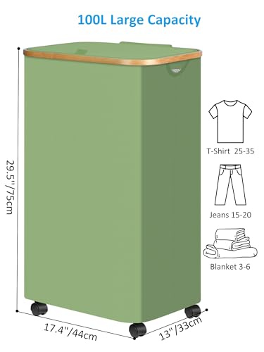 Image of efluky Laundry Basket with Wheels, Tall Rolling Laundry Hamper with Lid and Removable Bag, Aesthetic Dirty Clothes Hamper on Wheels for Laundry Room, Bedroom, Dorm and Bathroom, 100L Green