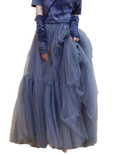 Women Long Tulle Skirt Mesh Puffy Spliced High Waisted A-Line Layers Skirts Party Wedding Skirts