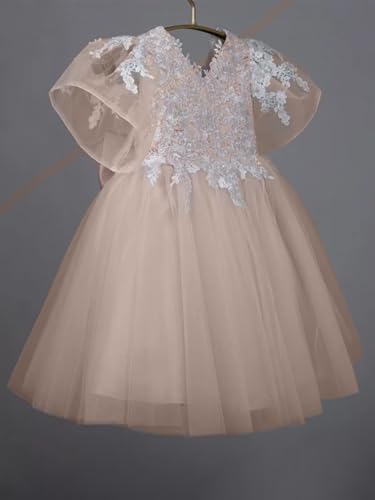 Lace Applique Flower Girl Dress for Wedding Bow Knot Tulle Short Sleeves Knee-Length V-Back Tutu Ball Gowns3