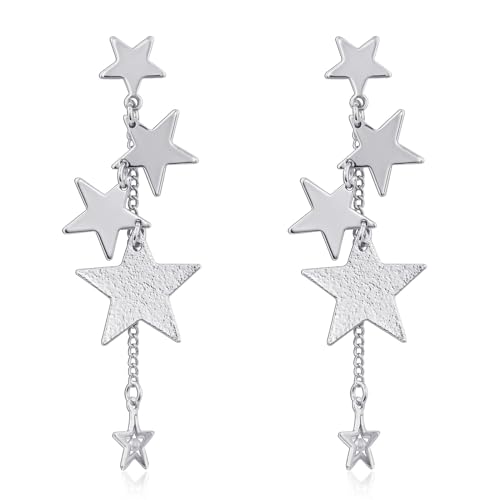 Silver Sparkly Star Drop Earrings Long Tassel Stud Earrings for Women Star Jewelry
