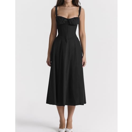 Image of Floral Corset Midi Dress Square Neck A Line Dress with Slit | Square neck floral midi dress with front tie bust wide straps A-line skirt side slit and lightweight fabric