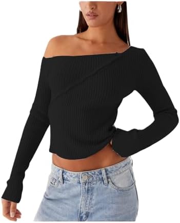 Women Off Shoulder Long Sleeve Sweater Y2K Ribbed Knit Pullover S...