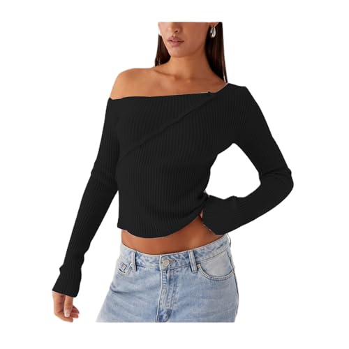 Image of Women Off Shoulder Long Sleeve Sweater Y2K Ribbed Knit Pullover Solid Crop Top Going Out Boat Neck Blouse