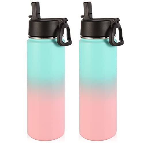 Image of Volhoply Insulated Water Bottles with Straw Bulk 2 Pack, 22 oz Stainless Steel Sport Bottle with Handle Lid,Metal Travel Water Cups with Wide Mouth,Reusable Water Flask for School(Green Pink,2 Set)