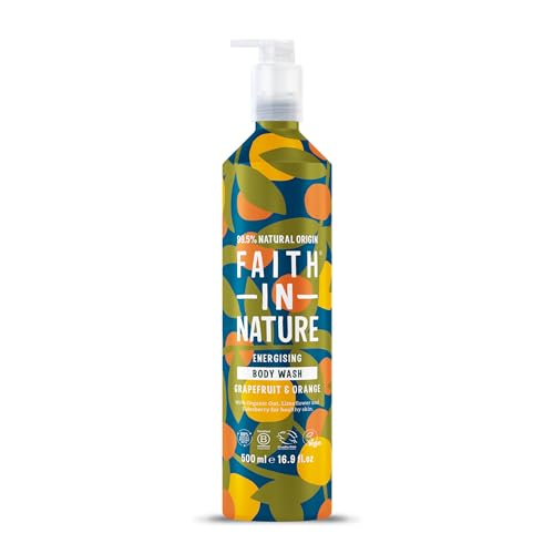 Faith In Nature Botella de metal de 500 ml, gel de ducha energizante, vegano y libre de crueldad, sin SLS ni parabenos