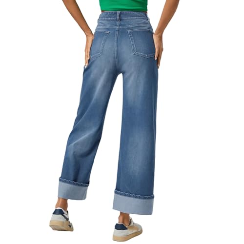 Womens Straight Leg Jeans High Waisted Stretchy Loose Fit Cuffed Boyfriend Denim Sweatpants3