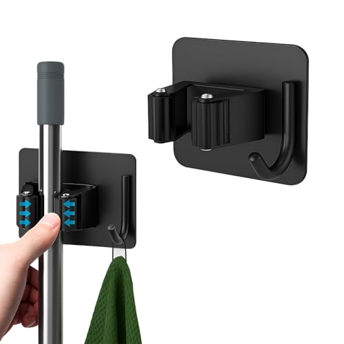 Image of DALUCI Adhesive Broom Holder Wall Mounted - Stainless Steel Mop Holder for Wall Without Drilling | Waterproof & Rustproof Broom Stick Holder Hook for Home, Bathroom & Kitchen (Black, 2 Pcs)