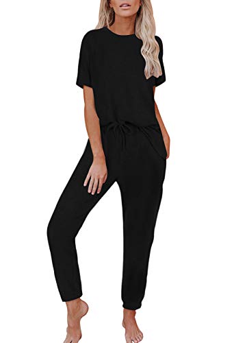 Fixmatti Women Loungewear Sets 2 Piece Outfit T Shirt Top and Long Pant Solid Sweatsuit Black L