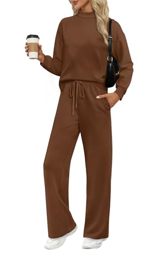 Image of WIHOLL Two Piece Sets for Women Fall Outfits Lounge Sets Mock Neck Tops Wide Leg Pants Vacation Travel Airport Outfits