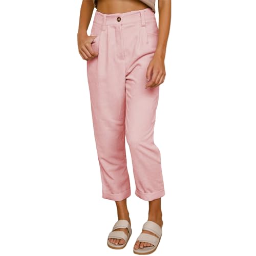 Womens High Waisted Solid Cotton Linen Summer Pants Baggy Straight Leg Trousers Classic Pleated Pocketed Pants