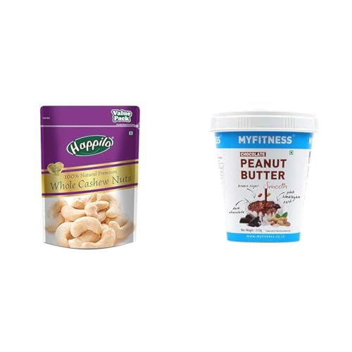 Image of Happilo 100% Natural Premium Whole Cashews Value Pack Pouch, 500 gram & MYFITNESS Chocolate Peanut Butter Smooth 510gram | 22gram Protein