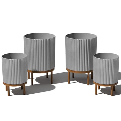 Image of Veradek Demi Series Raised Duo Planters - Set of 2 Planters with Stands | Made From a Durable Plastic-Stone Composite & Comes With Wooden Stand. Modern Porch /Patio Decor