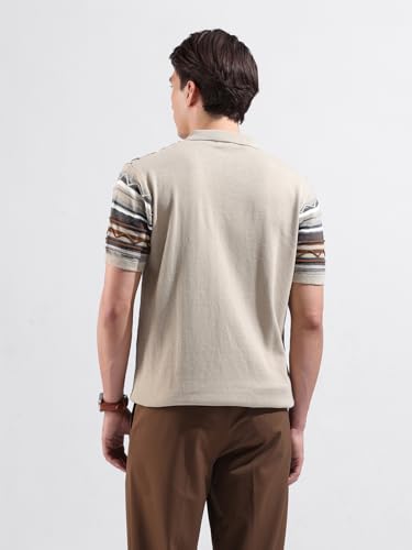 Image of The Indian Garage Co Men Slim Fit Textured Flatknit Half Sleeves Shirt