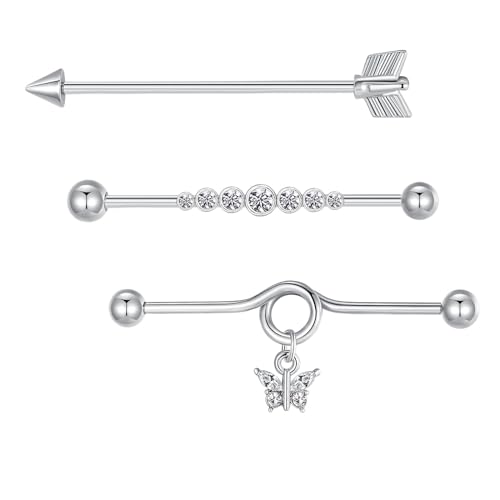Besyvvin 3stk Industrial Piercing Bars 38mm Silber Chirurgenstahl 14G Pfeil Schmetterling Scaffold Ohr Piercing Schmuck