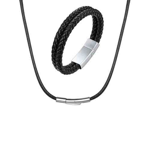 ChainsHouse Mens Bracelet Leather Braided, Rope Leather Bracelet and Leather Necklace Cord with Clasp