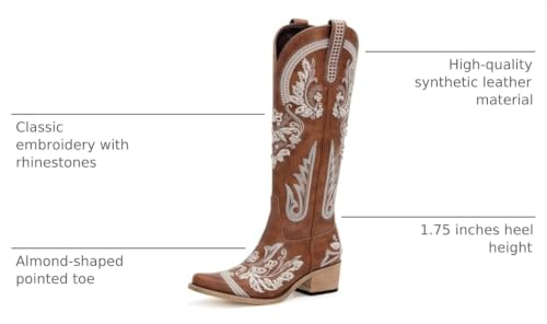 Image of vodvob Western Cowboy Boots for Women Rhinestone Knee High Cowgirl Snip Toe | Embroidery,Faux Leather Upper,Side Zipper,Pull-On Tabs,Chunky Heel,Wedding,Formal,Party,Country Concert