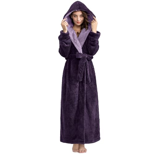 Hellomamma Long Hooded Robe for Women Luxurious Flannel Fleece Full Length Bathrobe Winter Warm Pajamas Shower Nightgown Purple Medium