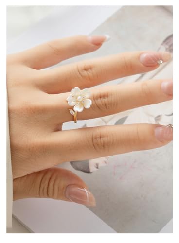 Kokoma Pearl Flower Open Statement Ring for Women Cubic Zirconia Leaf Wrap Finger Band Engagement Promise Ring Wedding Band Dainty Jewelry Gift4
